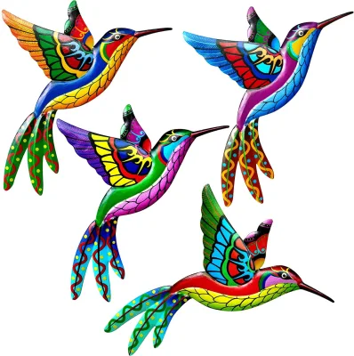 Confezione da 4 uccelli colorati per decorazione da parete con colibrì in metallo